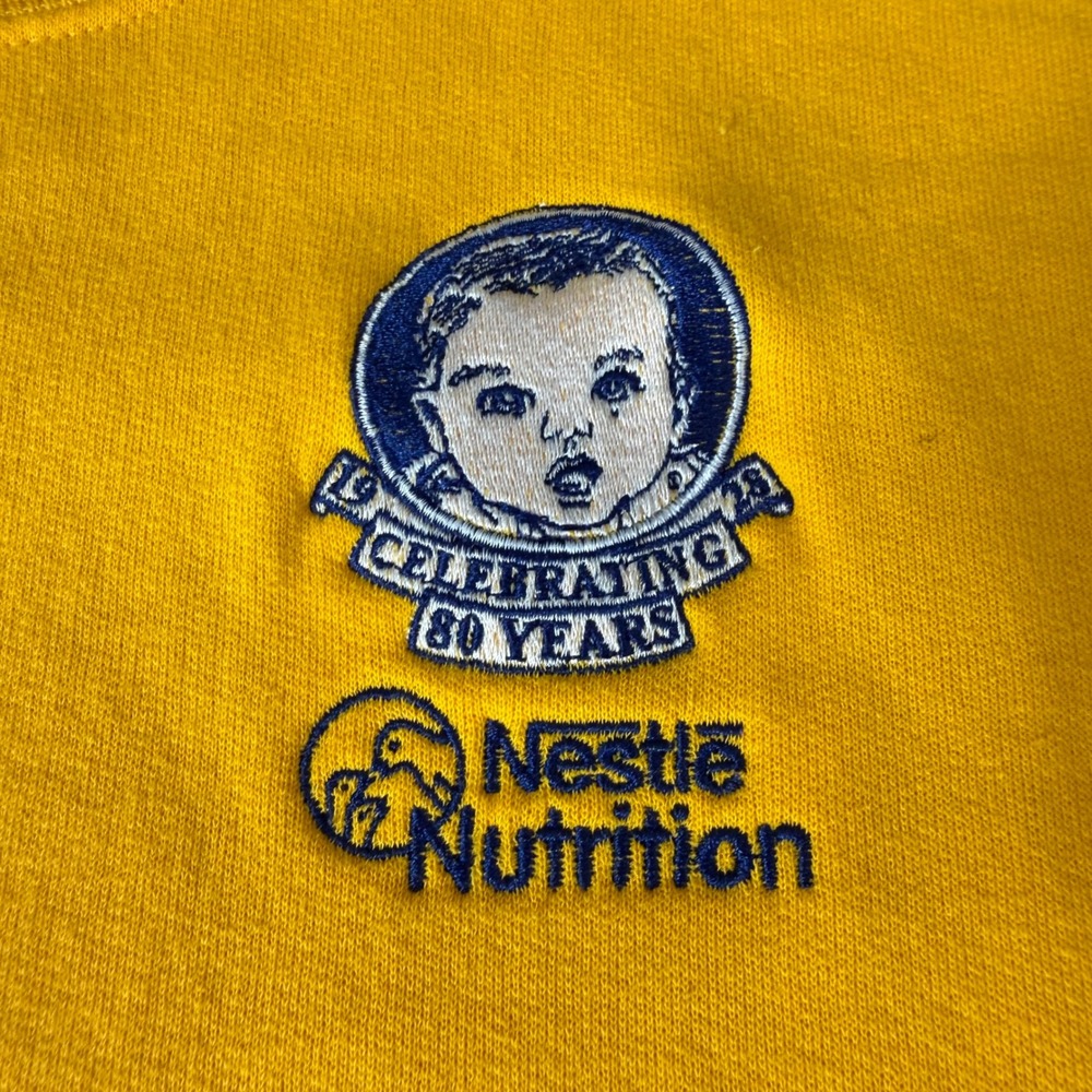 vtg Jerzees Nestle Nutrition 80 Years Anniversary Sweatshirt Yellow Mens Medium - Picture 2 of 8